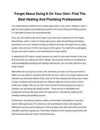 Forget About Doing It On Your Own: Find The Best Heating And Plumbing Professional