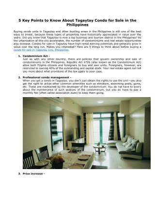 5 Key Points to Know About Tagaytay Condo for Sale in the Philippines