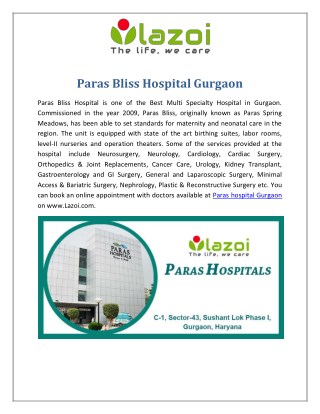 Paras Bliss Hospital Gurgaon, Multi Specialty Hospital in Gurgaon