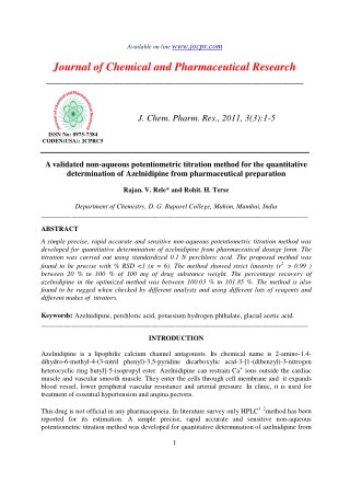 A validated non-aqueous potentiometric titration method for the quantitative determination of Azelnidipine from pharmace