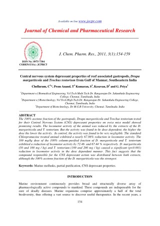 Central nervous system depressant properties of reef associated gastropods, Drupa margariticola and Trochus tentorium fr