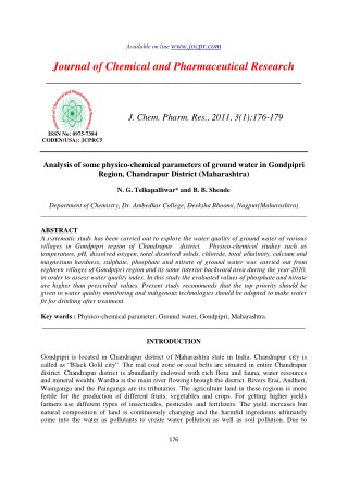 Analysis of some physico-chemical parameters of ground water in Gondpipri Region, Chandrapur District (Maharashtra)