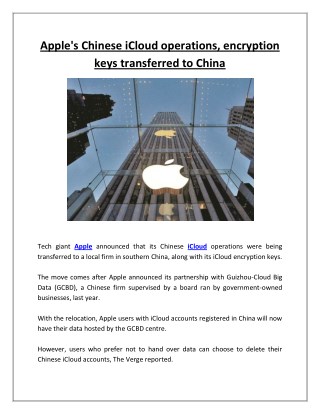 Apple's Chinese ICloud Operations, Encryption Keys Transferred to China