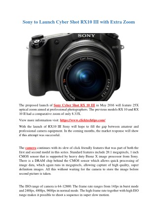 Sony to Launch Cyber Shot RX10 III with Extra Zoom