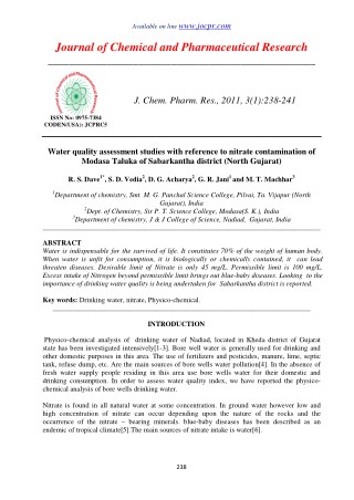 Water quality assessment studies with reference to nitrate contamination of Modasa Taluka of Sabarkantha district (North