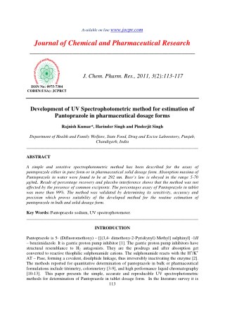 Development of UV Spectrophotometric method for estimation of Pantoprazole in pharmaceutical dosage forms