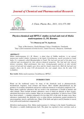 Physico-chemical and HPTLC studies on leaf and root of Mukia maderaspatana (L.)M. Roemer.