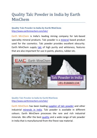 Quality Talc Powder in India by Earth MinChem