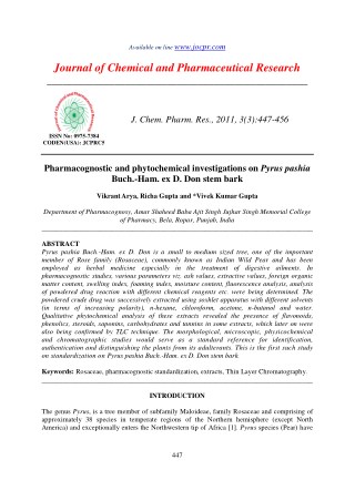 Pharmacognostic and phytochemical investigations on Pyrus pashia Buch.-Ham. ex D. Don stem bark