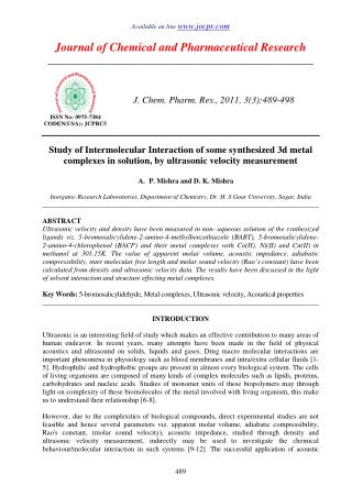 Study of Intermolecular Interaction of some synthesized 3d metal complexes in solution, by ultrasonic velocity measureme