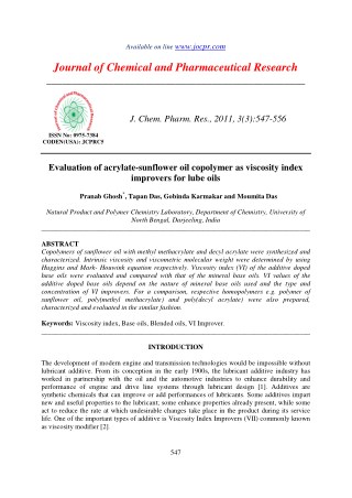 Evaluation of acrylate-sunflower oil copolymer as viscosity index improvers for lube oils