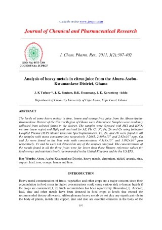 Analysis of heavy metals in citrus juice from the Abura-AsebuKwamankese District, Ghana