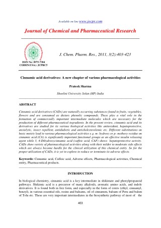 Cinnamic acid derivatives: A new chapter of various pharmacological activities