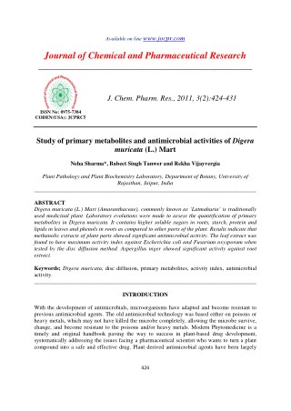 Study of primary metabolites and antimicrobial activities of Digera muricata (L.) Mart