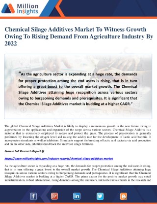 Chemical Silage Additives Market To Witness Growth Owing To Rising Demand From Agriculture Industry By 2022