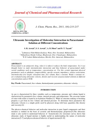 Ultrasonic Investigation of Molecular Interaction in Paracetamol Solution at Different Concentrations