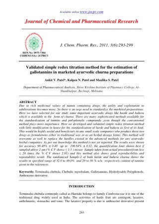 Validated simple redox titration method for the estimation of gallotannins in marketed ayurvedic churna preparations