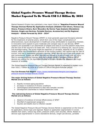 Global Negative Pressure Wound Therapy Devices Market Expected To Be Worth US$ 2.5 Billion By 2024