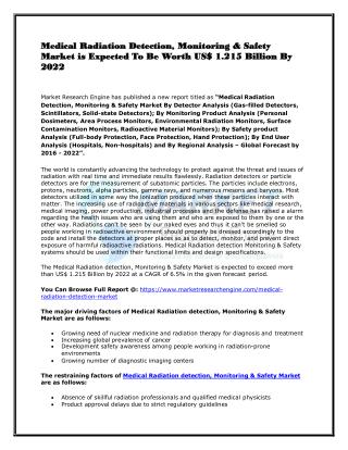 Medical Radiation Detection, Monitoring & Safety Market is Expected To Be Worth US$ 1.215 Billion By 2022