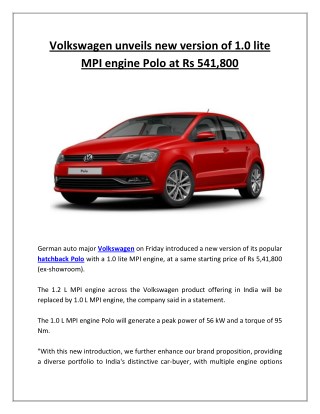 Volkswagen unveils new version of 1 0 lite mpi engine polo at rs 541,800