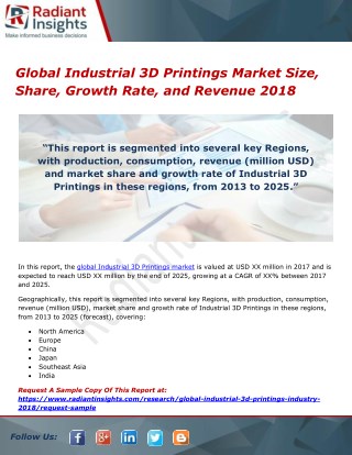 Global Industrial 3D Printings Market Size, Share, Growth Rate, and Revenue 2018