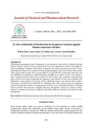 In vitro cytotoxicity of Parthenium hysterophorus extracts against human cancerous cell lines