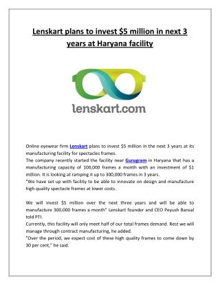 Lenskart plans to invest $5 million in next 3 years at Haryana facility