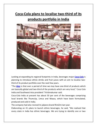 Coca cola plans to localise two third of its products portfolio in india