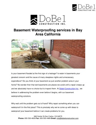 Basement Waterproofing contractor Bayarea - Dobel Constructions