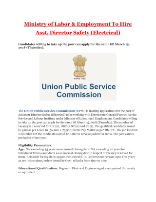 Ministry of Labor & Employment To Hire Asst. Director Safety (Electrical)
