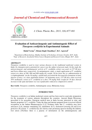 Evaluation of Anticarcinogenic and Antimutagenic Effect of Tinospora cordifolia in Experimental Animals