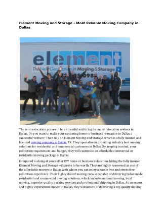 Element Moving and Storage - Most Reliable Moving Company in Dallas