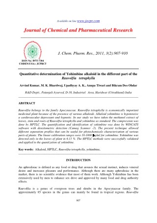 Quantitative determination of Yohimbine alkaloid in the different part of the Rauvolfia tetraphylla