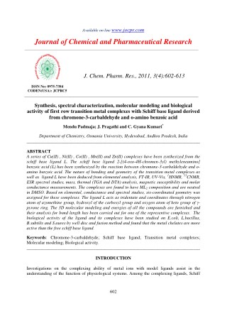 Synthesis, spectral characterization, molecular modeling and biological activity of first row transition metal complexes