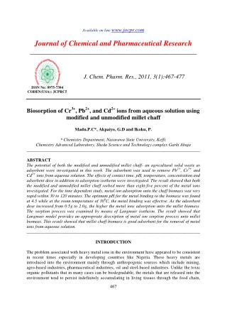 Biosorption of Cr3 , Pb2 , and Cd2 ions from aqueous solution using modified and unmodified millet chaff