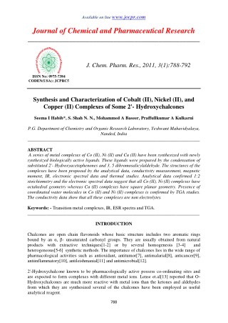 Synthesis and Characterization of Cobalt (II), Nickel (II), and Copper (II) Complexes of Some 2'- Hydroxychalcones