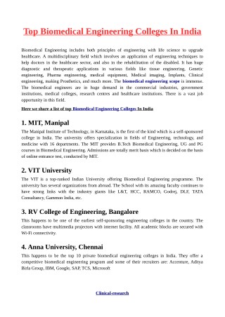 Top Biomedical Engineering Colleges In India