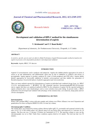 Development and validation of HPLC method for the simultaneous determination of aspirin