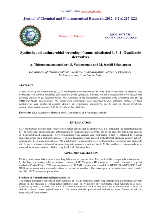 Synthesis and antimicrobial screening of some substituted 1, 3, 4- Oxadiazole derivatives