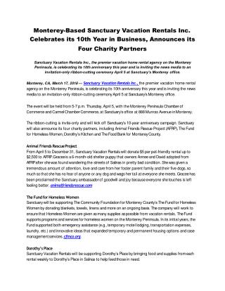 Monterey-Based Sanctuary Vacation Rentals Inc. Celebrates its 10th Year in Business, Announces its Four Charity Partners