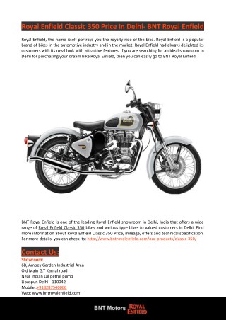 Royal Enfield Classic 350 Price in Delhi- BNT Royal Enfield