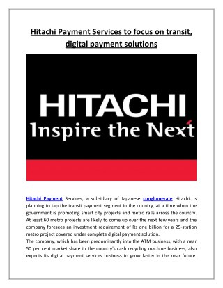 Hitachi Payment Services to Focus on Transit, Digital Payment Solutions