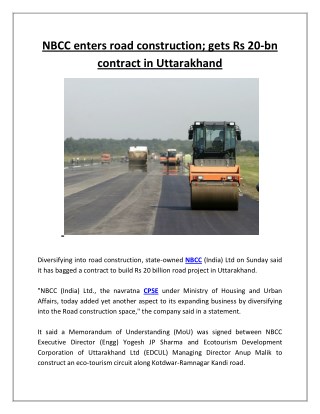 Nbcc enters road construction; gets rs 20 bn contract in uttarakhand