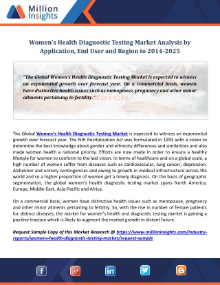 Womenâ€™s Health Diagnostic Testing Market Analysis by Application, End User and Region to 2014-2025
