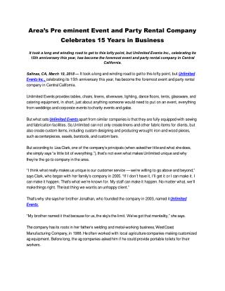 Areaâ€™s Pre eminent Event and Party Rental Company Celebrates 15 Years in Business