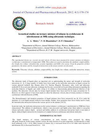 Acoustical studies on ternary mixture of toluene in cyclohexane & nitrobenzene at 308k using ultrasonic technique.