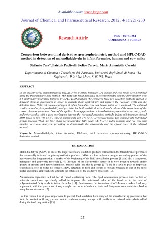 Comparison between third derivative spectrophotometric method and HPLC-DAD method in detection of malondialdehyde in inf