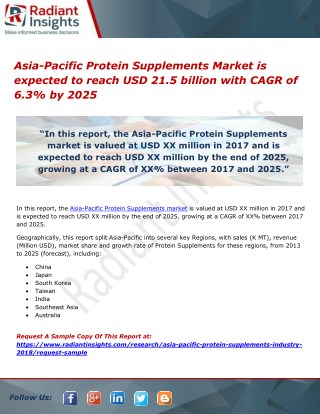 Asia-Pacific Protein Supplements Market is expected to reach USD 21.5 billion with CAGR of 6.3% by 2025