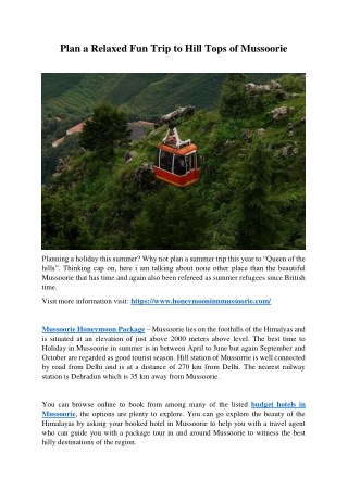 Plan a Relaxed Fun Trip to Hill Tops of Mussoorie
