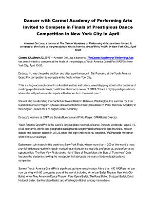 Dancer With Carmel Academy of Performing Arts Invited to Compete in Finals of Prestigious Dance Competition in New York